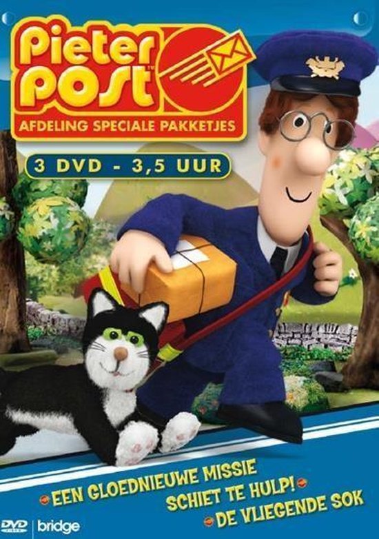 Pieter Post met kat Jess, met een pakketje, op de cover van "Pieter Post: Afdeling Speciale Pakketjes"