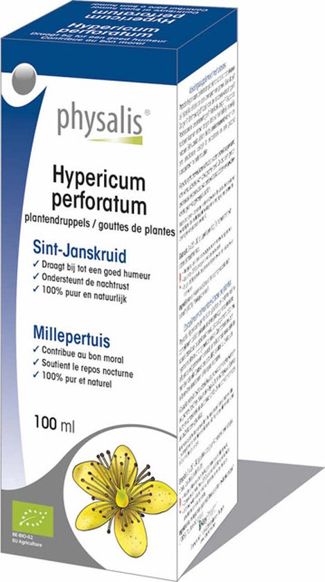 Physalis Hypericum perforatum plantendruppels. Flesje met 100 ml, met Sint-Janskruid en gele bloem illustratie.
