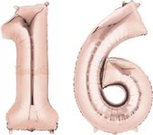 16 Jaar Folie Ballonnen Rosé Goud - Happy Birthday - Foil Balloon - Versiering - Verjaardag - Jongen / Meisje - Feest - Inclusief Opblaas Stokje & Clip - XXL - 115 cm