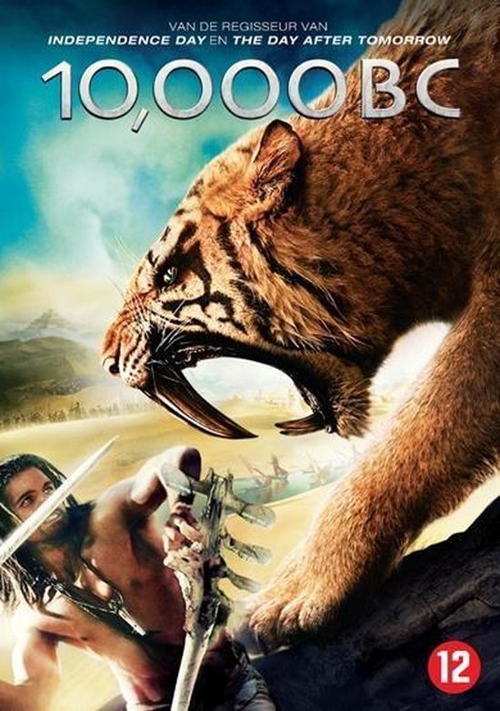 10.000 BC: man met speer, oog in oog met sabeltandtijger, filmtitel.