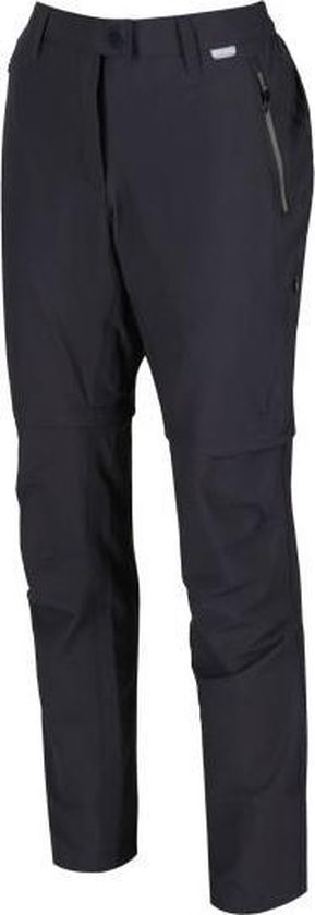 Donkergrijze afritsbare outdoorbroek met ritszakken aan de zijkant.