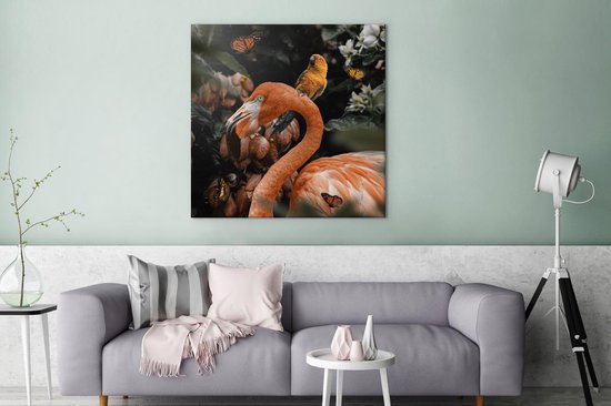 Tableau Peinture Flamingo Rose - Jungle - Perroquet - 90x90 cm - Décoration murale