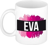 Eva  naam cadeau mok / beker met roze verfstrepen - Cadeau collega/ moederdag/ verjaardag of als persoonlijke mok werknemers