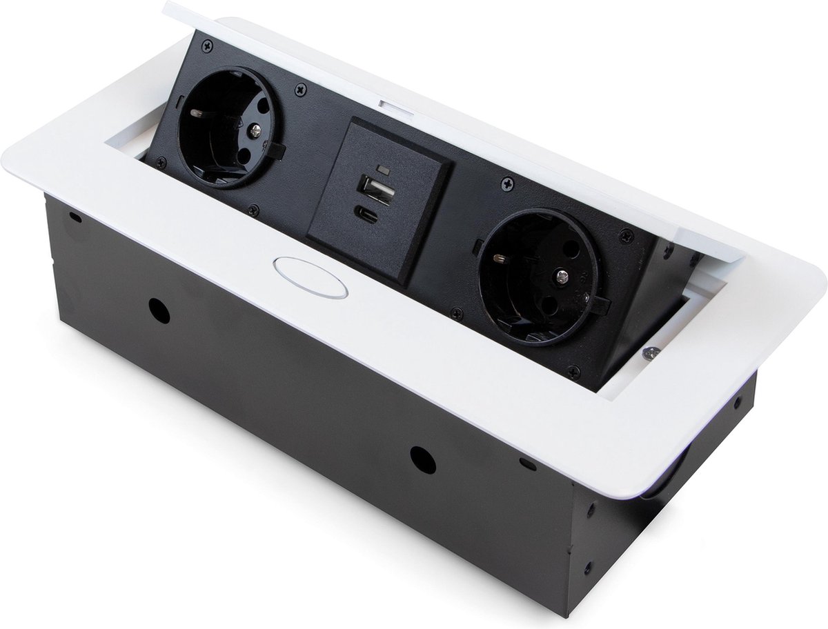 Emuca Aansluitdoos Atom Lite voor bureau, 2 enchufes EU + 1 USB tipo A + 1 USB tipo C, 265x120mm, Staal en aluminium, Wit