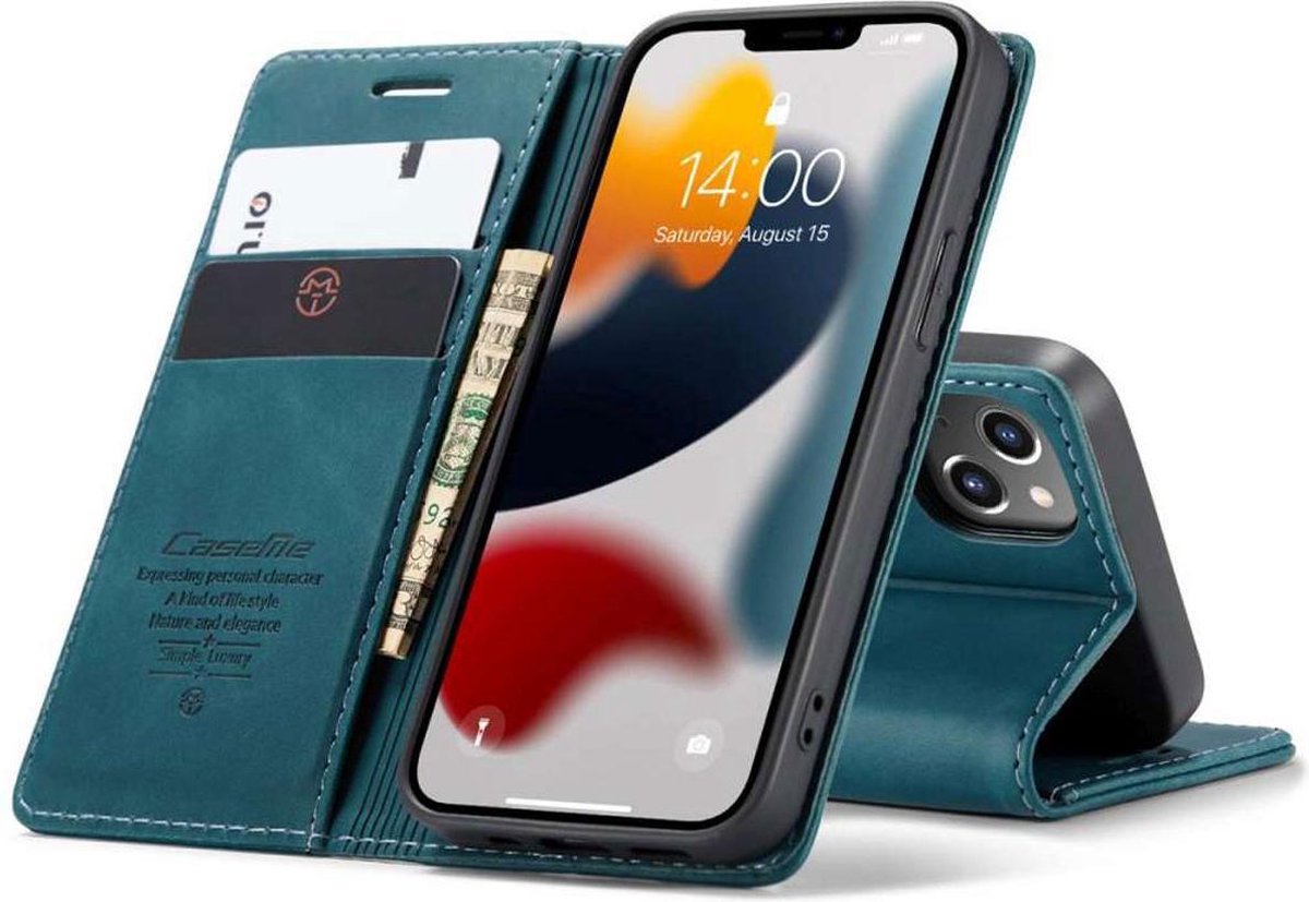 Caseme Slim Retro Wallet kunstleer hoesje geschikt voor iPhone 13 - blauw