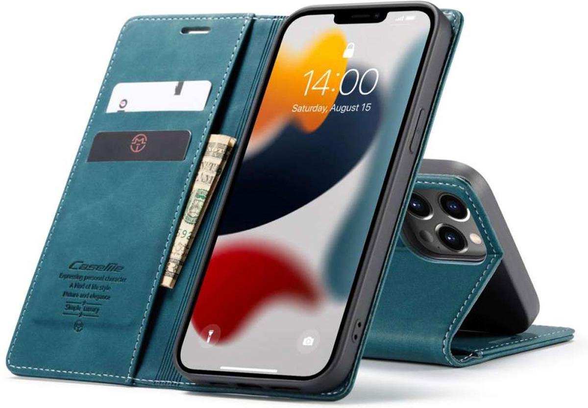 Caseme Slim Retro Wallet kunstleer hoesje voor iPhone 13 Pro - blauw