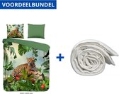 Luxe Zachte Dekbedovertrek Tweepersoons - 200x200/220cm - Inclusief 2 Kussenslopen - 100% Versterkt Katoen - Jungle Groen + Wasbaar Microfiber Dekbed - 200x200cm - Wit