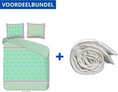 Luxe Dekbedovertrek Tweepersoons - 200x200/220cm - Inclusief 2 Kussenslopen - 100% Zacht Percale Katoen - Zosia Lime + Wasbaar Microfiber Dekbed - 200x220cm - Wit