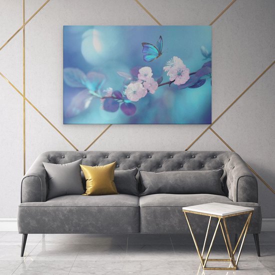 Artaza - Peinture sur toile - Papillon bleu avec une Bloem rose - 120 x 80 - Groot - Photo sur toile - Impression sur toile