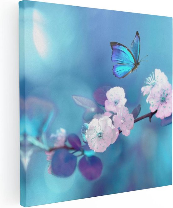 Artaza Canvas Schilderij Blauwe Vlinder Bij Een Roze Bloem  - 50x50 - Foto Op Canvas - Canvas Print