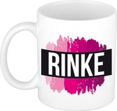 Rinke  naam cadeau mok / beker met roze verfstrepen - Cadeau collega/ moederdag/ verjaardag of als persoonlijke mok werknemers