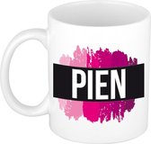 Pien naam cadeau mok / beker met roze verfstrepen - Cadeau collega/ moederdag/ verjaardag of als persoonlijke mok werknemers