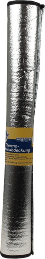Zilverkleurig, opgerold zonnescherm met een label, met zwarte randen.