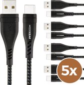 5x MOJOGEAR USB-C naar USB kabel Extra Sterk - 1,5 meter nylon kabel - Geschikt voor Oppo / OnePlus / Motorola / Huawei / Sony / iPhone 15 - Zwart/Donkergrijs [VOORDEELVERPAKKING]