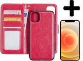 Hoes voor iPhone 12 Hoesje Case Uitneembaar Met Screenprotector - Hoes voor iPhone 12 Bookcase Hoes Wallet Case Met Screenprotector - Donker Roze