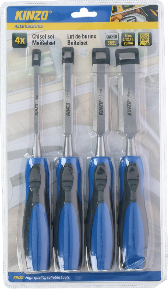 Beitelset - 4 Stuks - 6/ 12/ 18/ 25 mm - Carbonstaal - voor Houtbewerking van Kinzo — cadeau in Tuin & Klussen - foto 7