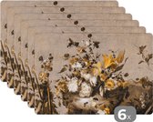 Placemat - Placemats kunststof - Bloemen - Oude Meesters - Geel - 45x30 cm - 6 stuks - Hittebestendig - Anti-Slip - Onderlegger - Afneembaar