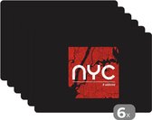 Placemat - Placemats kunststof - New York - Rood - Wit - 45x30 cm - 6 stuks - Hittebestendig - Anti-Slip - Onderlegger - Afneembaar