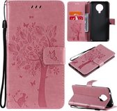 Voor Nokia G20 Boom & Kat Patroon Geperst Afdrukken Horizontale Flip PU Lederen Case met Houder & Kaartsleuven & Portemonnee & Lanyard (Roze)