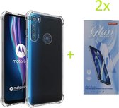 Hoesje Geschikt voor: Motorola Moto One Fusion Plus - Anti Shock Silicone Bumper - Transparant + 2X Tempered Glass Screenprotector