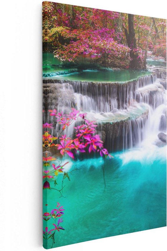 Artaza Canvas Schilderij Waterval In De Herfst Met Kleurrijke Bloemen - 20x30 - Klein - Foto Op Canvas - Canvas Print