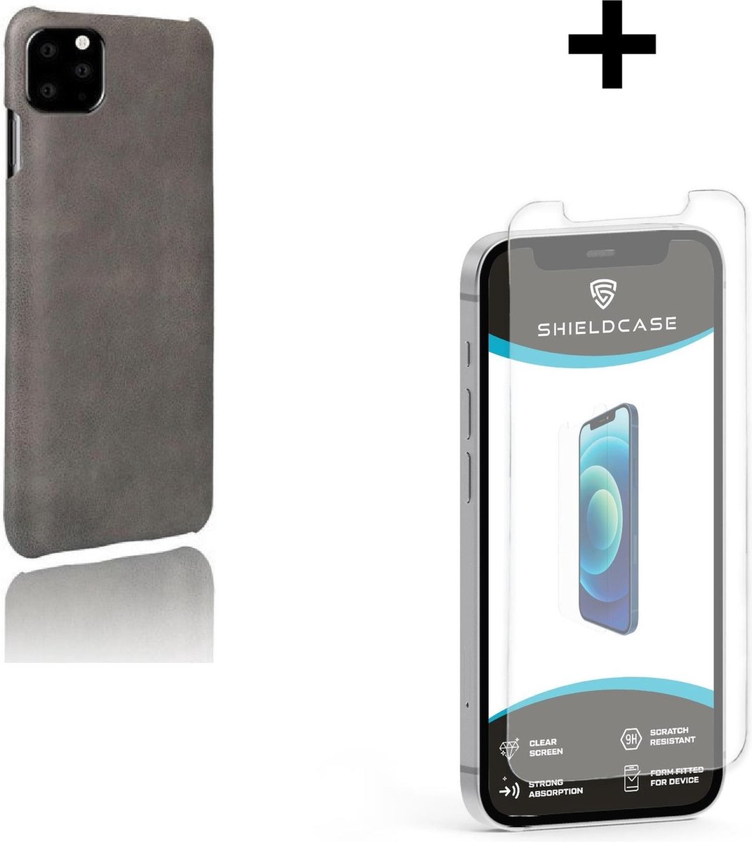 Shieldcase geschikt voor Apple iPhone 12 / 12 Pro - 6.1 inch vintage leren hoesje - grijs + glazen Screen Protector