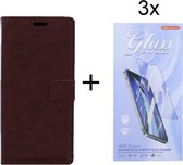 Bookcase Geschikt voor: Nokia G10 / G20 - Bruin - portemonnee hoesje met 3 stuks Glas Screen protector