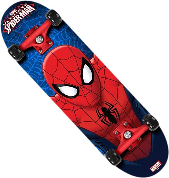 Skateboard met Spiderman-print in rood en blauw, met spinnenwebben.