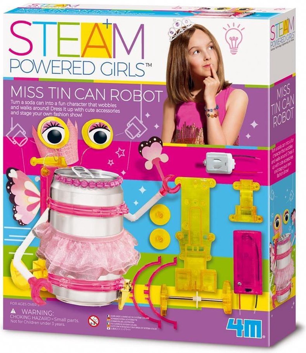 4M STEAM: POWERED KIDS/MISS ROBOT uit blik, vereist 1x1.5V AA-batterij (excl.), gedetailleerde instructies inbegrepen, doos23.5x27.5x5.5cm, 8+