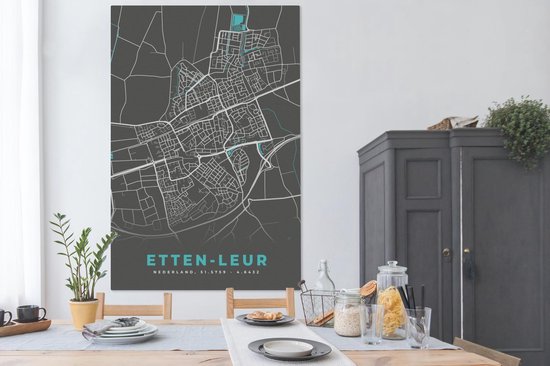 Tableau sur toile 120x180 cm - Décoration murale Plan de ville - Etten-Leur - Grijs - Blauw - Décoration murale salon - Décoration chambre - Accessoires chambre - Peintures - Carte