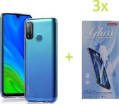 Huawei P Smart 2020 Hoesje Transparant TPU silicone Soft Case + 3X Tempered Glass Screenprotector