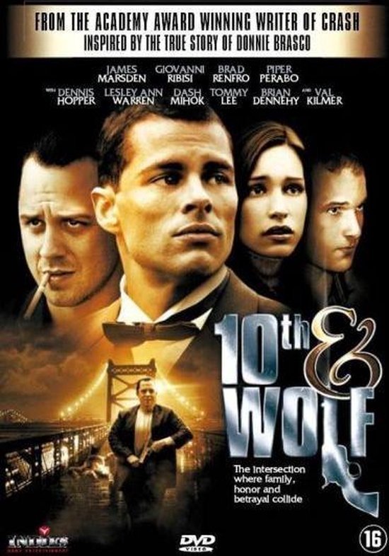 Vier hoofdrolspelers op de voorgrond, stad op de achtergrond met brug. "10TH & WOLF"