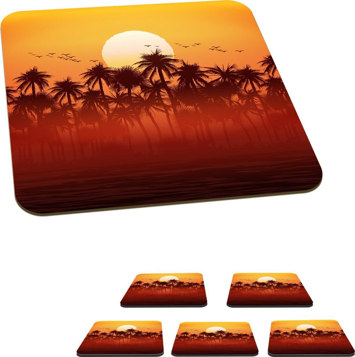 Onderzetters voor glazen - zon - Palmboom - Vogel - 10x10 cm - Glasonderzetters - 6 stuks
