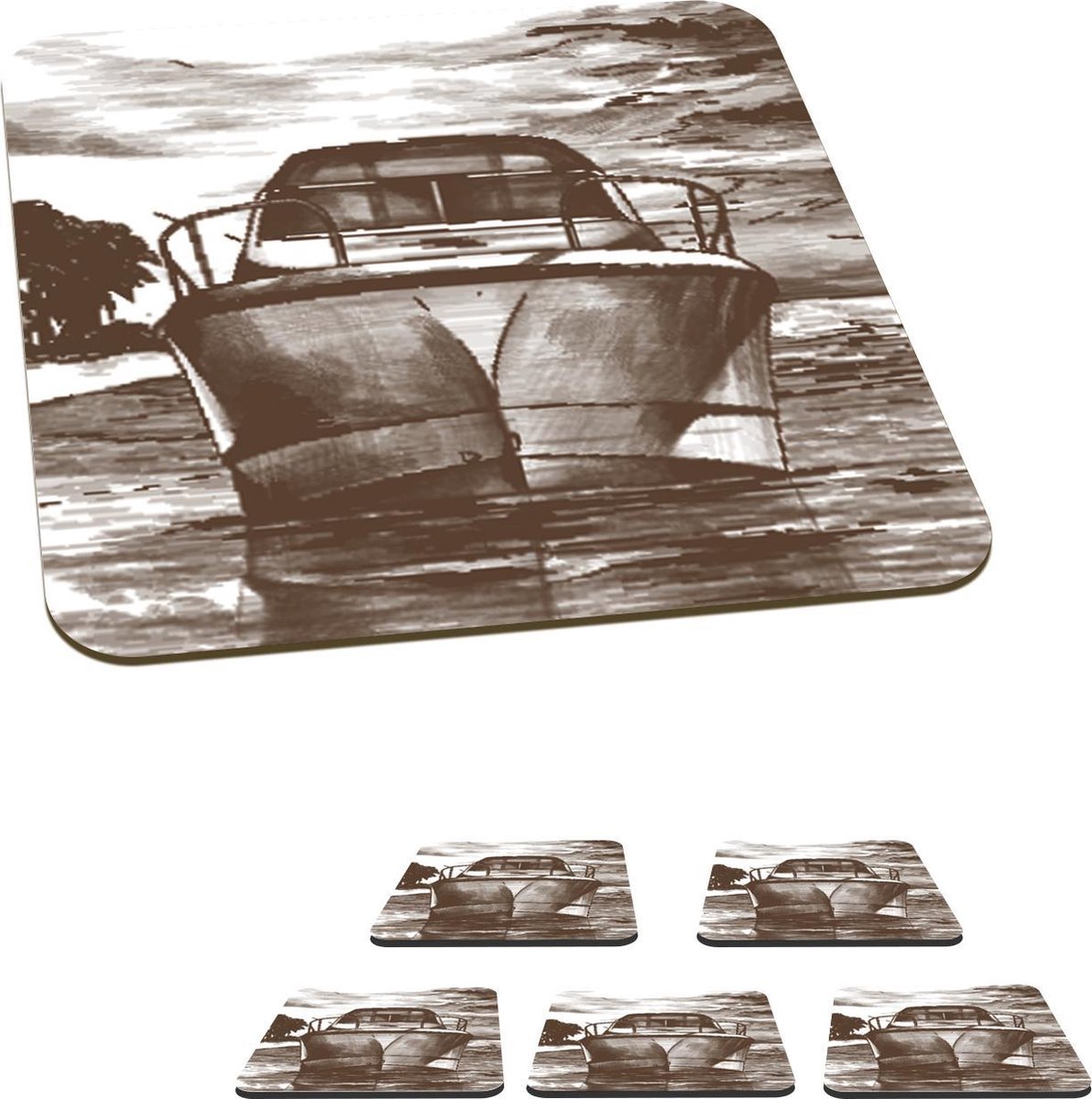 Onderzetters voor glazen - Boot - Zee - Zwart - Wit - 10x10 cm - Glasonderzetters - 6 stuks