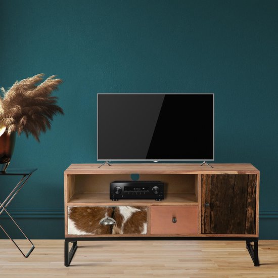 Buffet TV WOMO-DESIGN avec tiroirs 2, 100x50x40 cm, bois d'acacia et seuil avec pieds en métal
