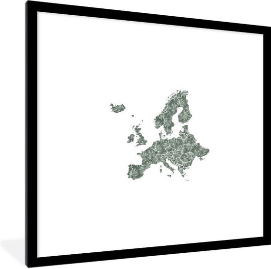 Fotolijst incl. Poster - Europa kaart - Bladeren - Grijs - 40x40 cm - Posterlijst