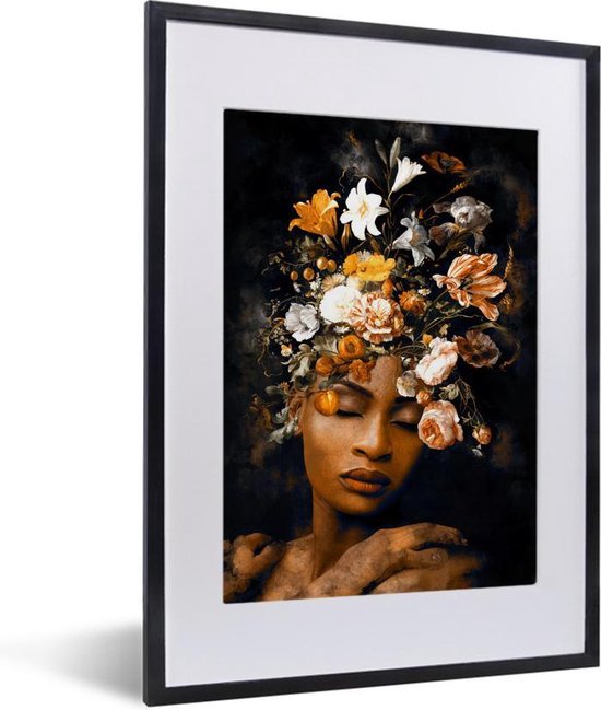 Fotolijst incl. Poster - Bloemen - Vrouw - Goud - 30x40 cm - Posterlijst