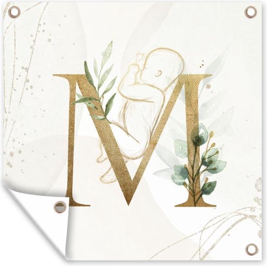 Tuinposters Letters - M - Goud - Baby - 50x50 cm - Tuindoek - Buitenposter - Geboorte versiering jongen - Geboorte versiering meisje - Spandoek