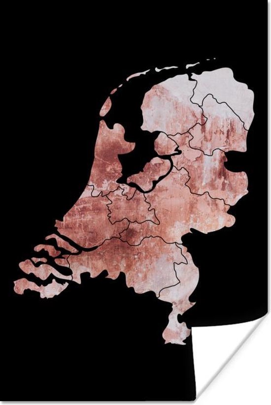 Affiche des Pays-Bas en teintes rose délavé avec bordure noire, le coin inférieur droit replié.