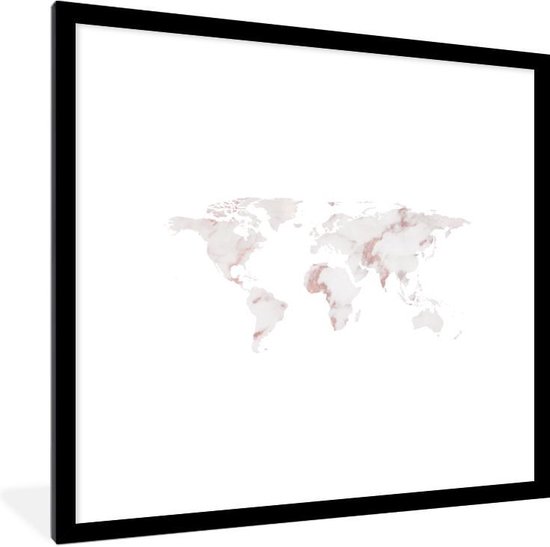 Affiche avec cadre Wereldkaart - Wit - Rose - 40x40 cm