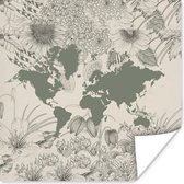 Poster Wereldkaart - Grijs - Planten - 30x30 cm