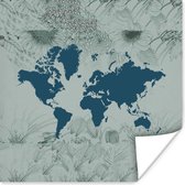 Affiche Wereldkaart - Blauw - Bloem - 30x30 cm