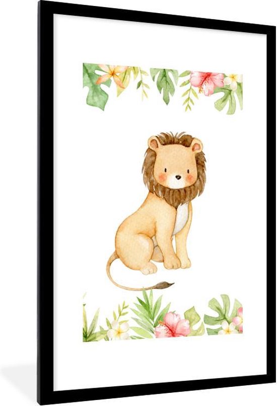 Fotolijst incl. Poster - Leeuw - Jungle - Bloemen - Bladeren - 80x120 cm - Posterlijst