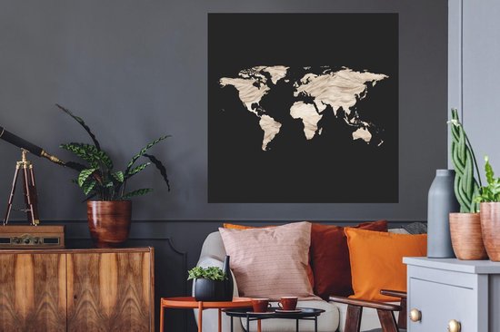 Stickers muraux - Carte du Wereldkaart - Zwart - Beige - 100x100 cm - Film Adhésif XXL