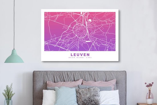 Tableau sur toile Carte de ville - Louvain - België - Violet - 180x120 cm - Décoration murale XXL