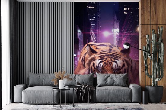Papier peint - Papier peint photo Tigre - Ville - Violet - Largeur 200 cm x Hauteur 300 cm