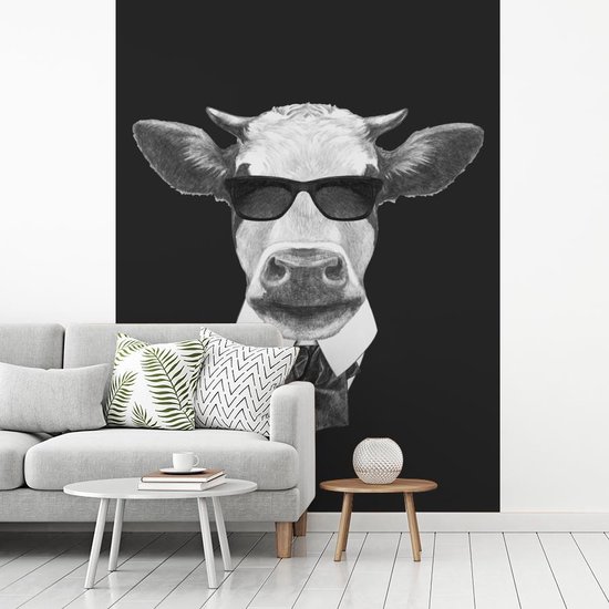 Papier peint - Papier peint photo Vache - Lunettes de soleil - Zwart - Wit - Largeur 190 cm x hauteur 260 cm