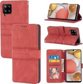 Voor Samsung Galaxy A12 5G Reliëf Gestreepte Magnetische Gesp PU + TPU Horizontale Flip Lederen Case met Houder & Kaartsleuf & Portemonnee & Fotolijst & Sling (Rood)