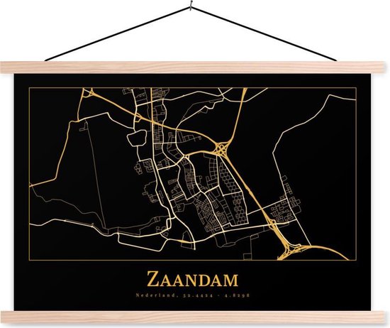 Porte-affiche avec affiche - Affiche scolaire - Carte - Zaandam - Zwart - Or - 60x40 cm - Lattes vierges
