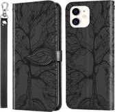 Life of Tree Embossing-patroon Horizontale flip-lederen hoes met houder & kaartsleuf & portemonnee & fotolijst & lanyard voor iPhone 13 mini (zwart)